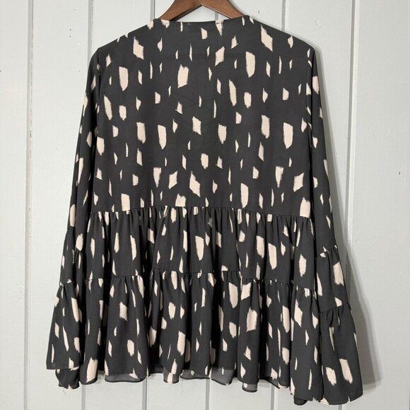 Buddy Love‎ Boho Gray Pink Top Blouse Lace Up Front Flare Bell Sleeves Size L - Picture 9 of 11